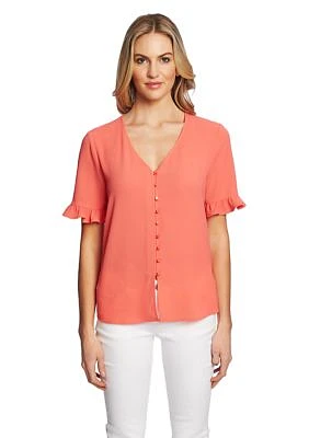 Petite Button Front V-Neck Blouse