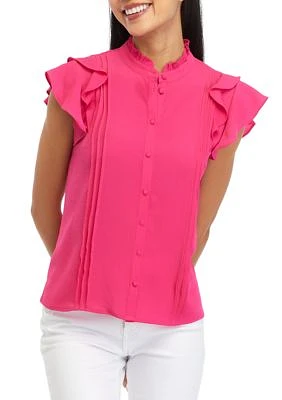 Petite Button Up Pintuck Blouse