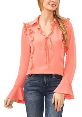 Petite V-Neck Bow Front Ruffle Blouse