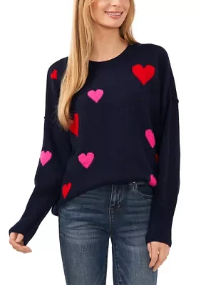 Petite Heart Pattern Crew Neck Sweater