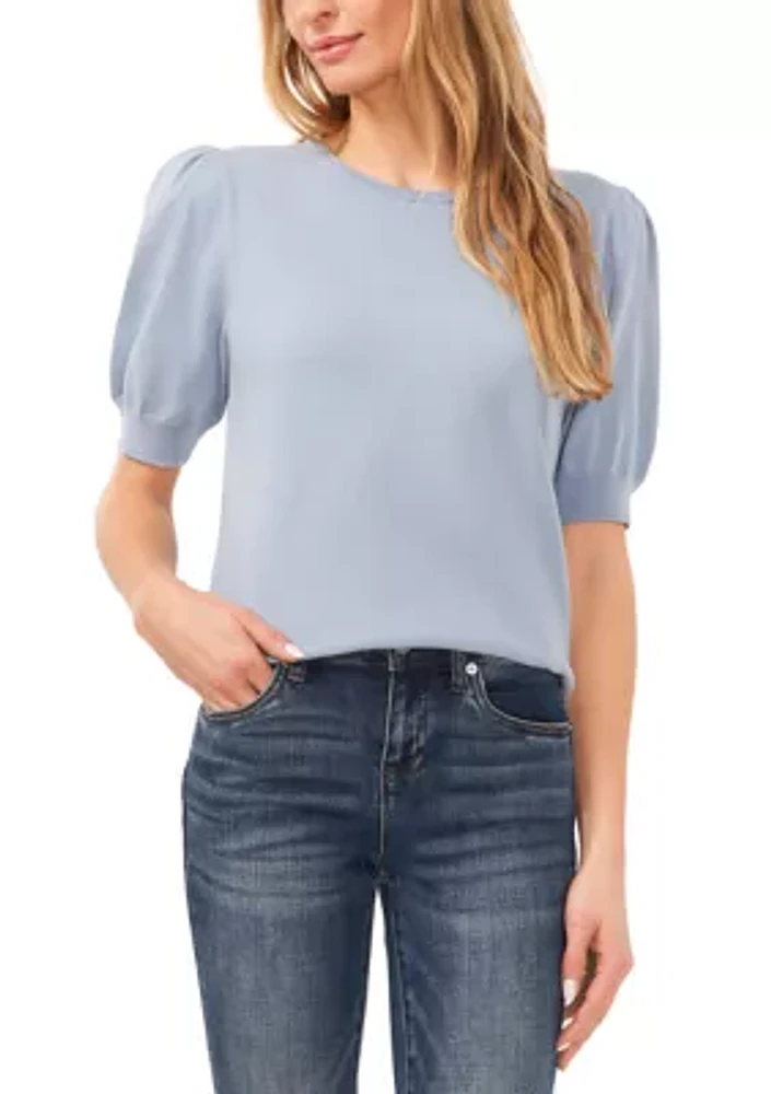 Petite Short Sleeve Crew Neck Blouse with Pearl Buttons