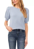 Petite Short Sleeve Crew Neck Blouse with Pearl Buttons