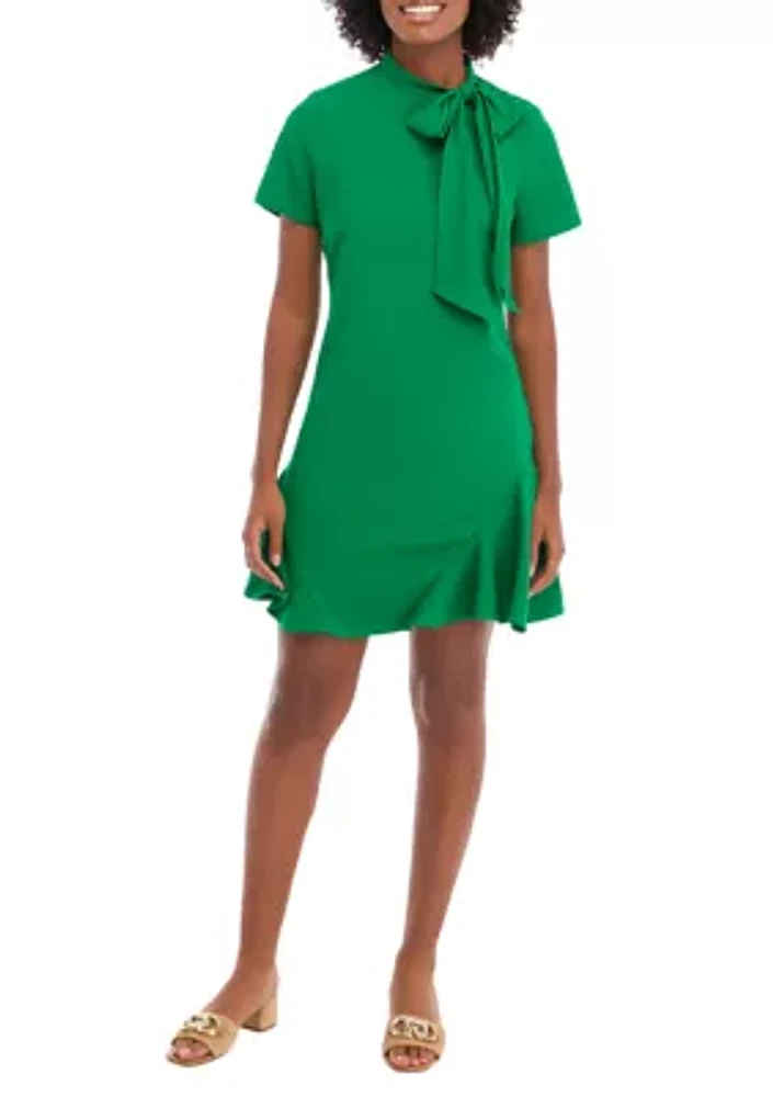 Petite Short Sleeve A-Line Dress with Bow