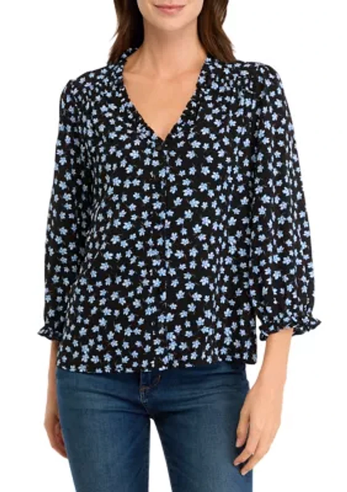 Women's 3/4 Sleeve Floral Button Front Blouse