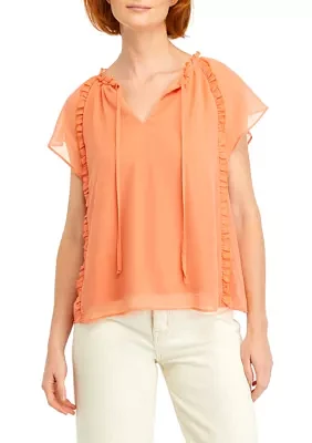 Women's Solid Tie Neck Ruffle Knit Top