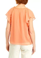 Women's Solid Tie Neck Ruffle Knit Top