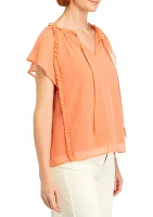 Women's Solid Tie Neck Ruffle Knit Top