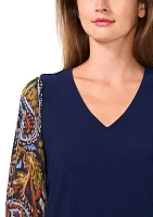 Women's 3/4 Sleeve Mixed Media Knit Top