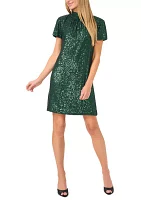 Women's Short Sleeve Sequin Mock Neck A-Line Dress