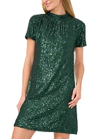 Women's Short Sleeve Sequin Mock Neck A-Line Dress