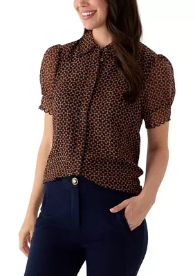 Women's Short Puff Sleeve Geometric Print Blouse