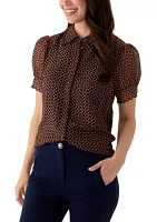 Women's Short Puff Sleeve Geometric Print Blouse