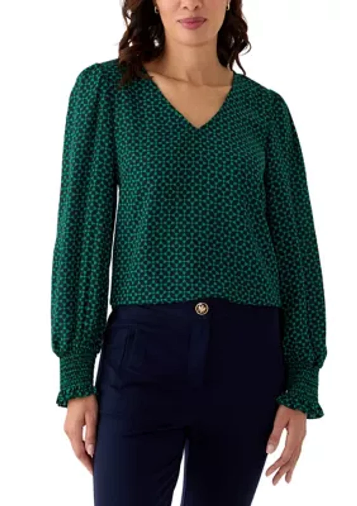 Women's Long Sleeve V-Neck Geometric Print Blouse