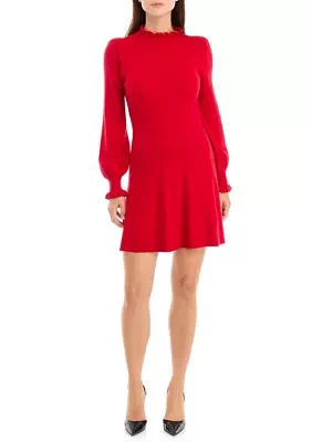 Women's Long Sleeve Ruffle Neck Sweater Dress