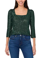 Women's 3/4 Sleeve Square Neck Sequin Top