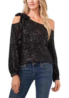 Women's Long Cold Shoulder Asymmetrical Neck Sequin Top