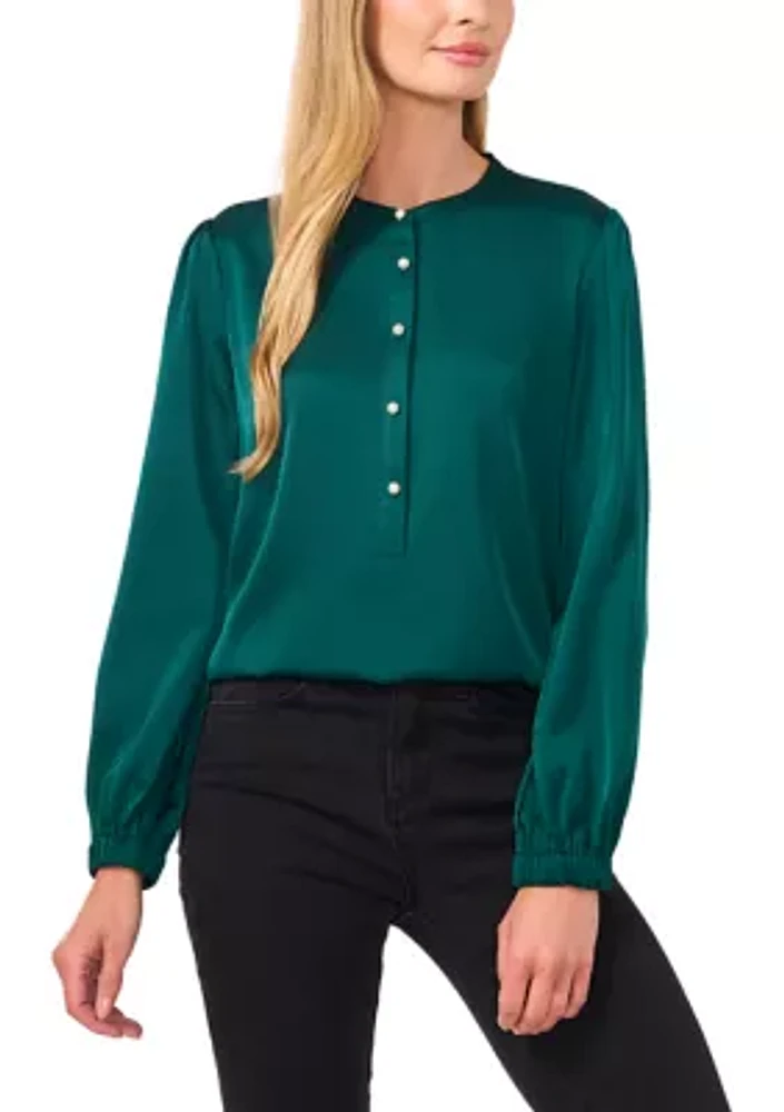 Women's Long Sleeve Henley Satin Blouse