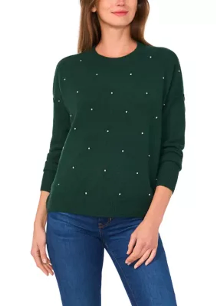 Petite Rhinestone Crew Neck Sweater