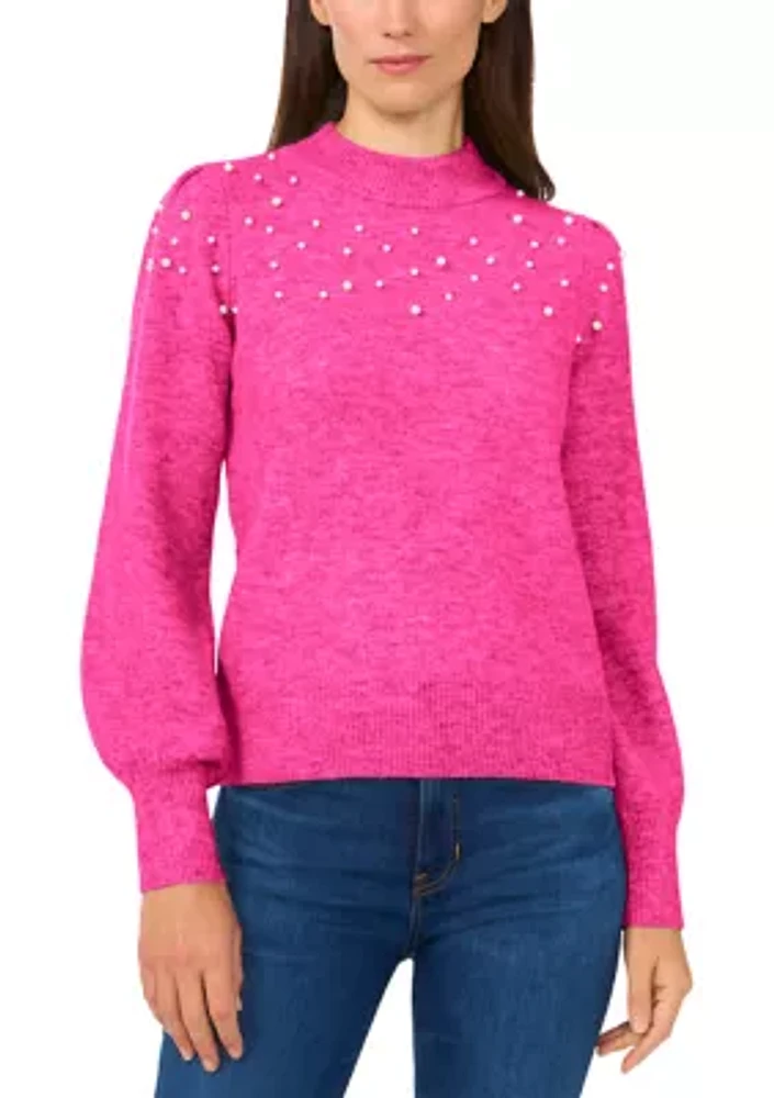 Petite Mock Neck with Pearls Sweater