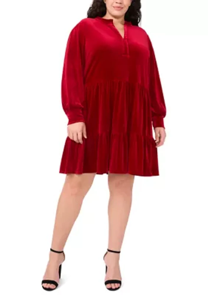 Plus Long Sleeve Split Neck Velvet Babydoll Dress