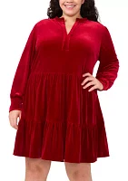 Plus Long Sleeve Split Neck Velvet Babydoll Dress