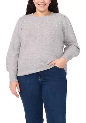 Plus Crew Neck Long Sleeve Pearl Embellished Sweater