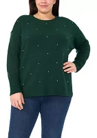 Plus Allover Rhinestone Crew Neck Sweater