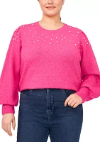 Plus Puff Sleeve Crew Neck Sweater with Pearls