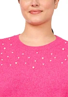 Plus Puff Sleeve Crew Neck Sweater with Pearls