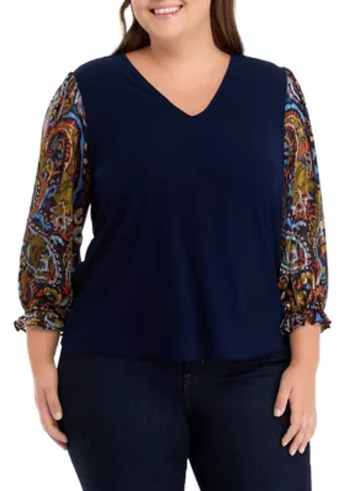 Plus V-Neck 3/4 Mixed Media Blouse