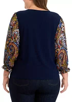 Plus V-Neck 3/4 Mixed Media Blouse