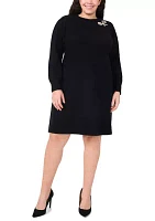 Plus Crew Neck Long Sleeve Bow Embellished Knit Dress