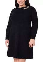 Plus Crew Neck Long Sleeve Bow Embellished Knit Dress