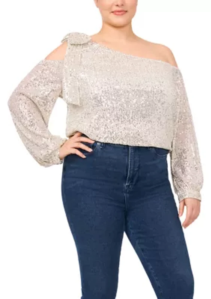 Plus Cold Shoulder Bow Sequin Blouse