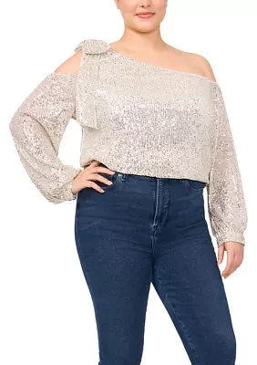 Plus Cold Shoulder Bow Sequin Blouse