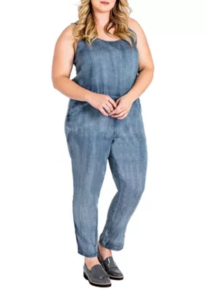 Plus Tapered Leg Strap Tencel Denim Jumpsuit