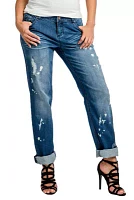 Poetic Justice Women's Curvy Fit Blue Bleach Spots Rolled Cuff Boyfriend Jeans