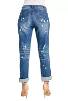 Poetic Justice Women's Curvy Fit Blue Bleach Spots Rolled Cuff Boyfriend Jeans