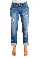 Poetic Justice Women's Curvy Fit Blue Bleach Spots Rolled Cuff Boyfriend Jeans