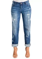 Poetic Justice Women's Curvy Fit Blue Bleach Spots Rolled Cuff Boyfriend Jeans