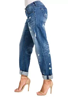 Poetic Justice Women's Curvy Fit Blue Bleach Spots Rolled Cuff Boyfriend Jeans