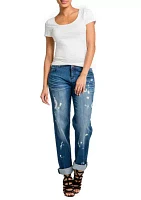 Poetic Justice Women's Curvy Fit Blue Bleach Spots Rolled Cuff Boyfriend Jeans