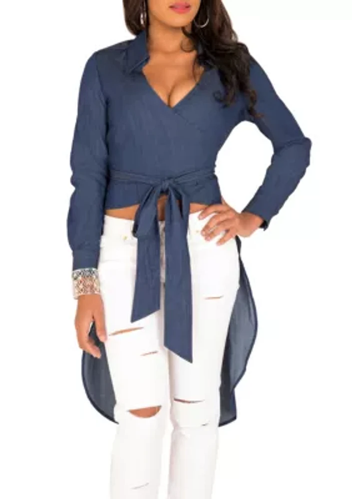 Poetic Justice Curvy Women's Tencel Denim High-Low Wrap Shirt With Fishtail