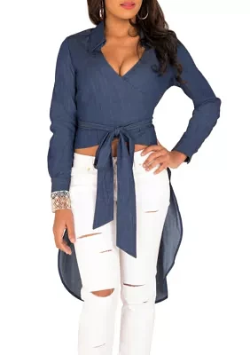 Poetic Justice Curvy Women's Tencel Denim High-Low Wrap Shirt With Fishtail