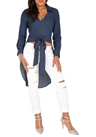 Poetic Justice Curvy Women's Tencel Denim High-Low Wrap Shirt With Fishtail