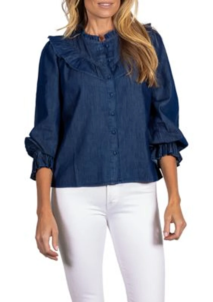 Women's Dark Chambray 3/4 Sleeve Ruffle Bib Blouse