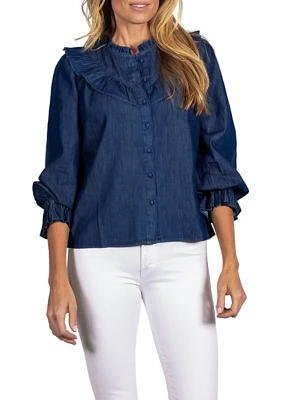 Women's Dark Chambray 3/4 Sleeve Ruffle Bib Blouse