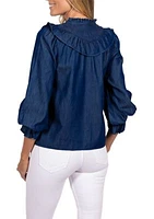 Women's Dark Chambray 3/4 Sleeve Ruffle Bib Blouse