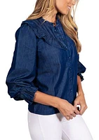 Women's Dark Chambray 3/4 Sleeve Ruffle Bib Blouse