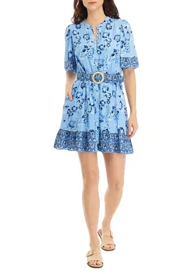 Women's Belted Ruffle Hem Printed Shirtdress